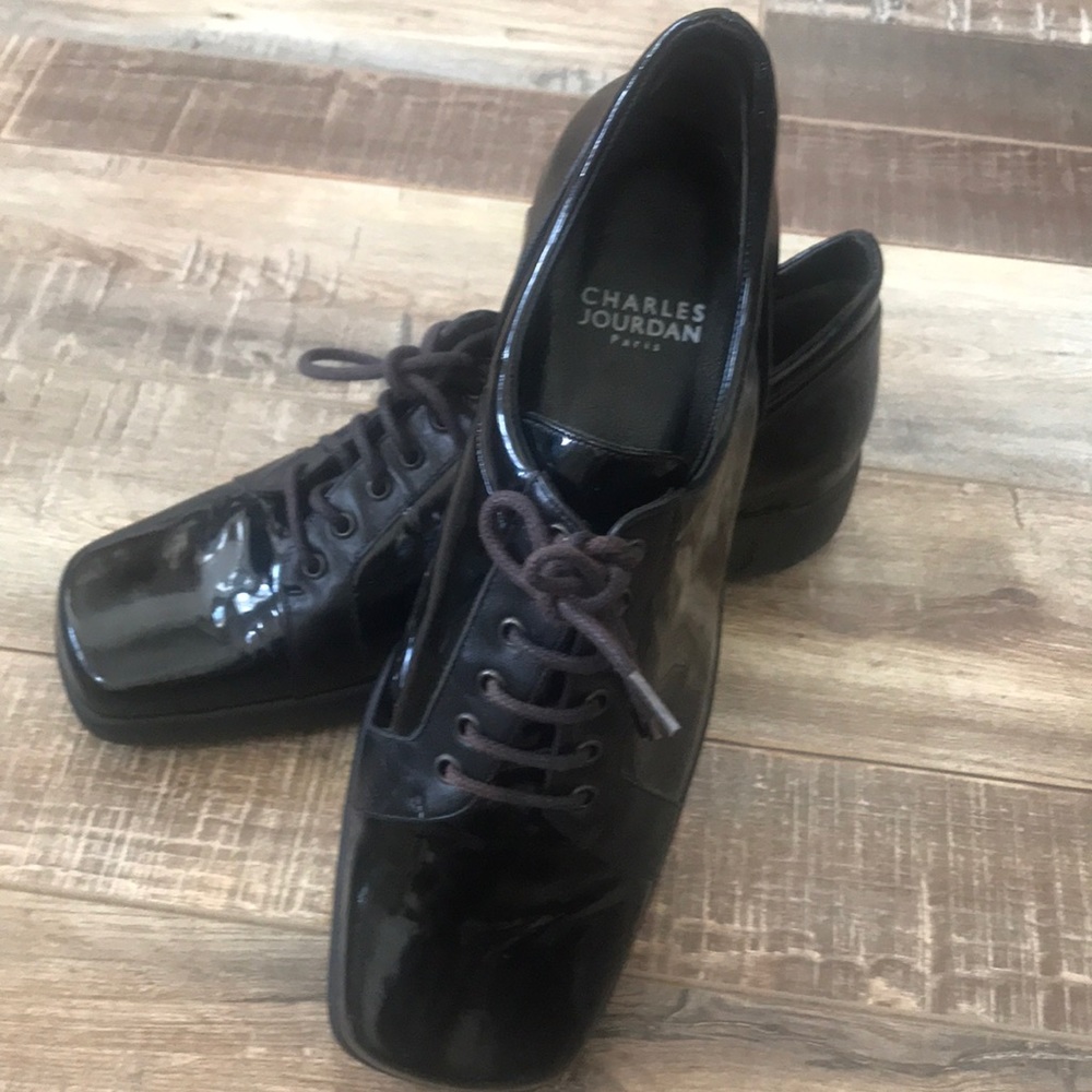 Charles Jourdan Paris patent leather wedge loafer